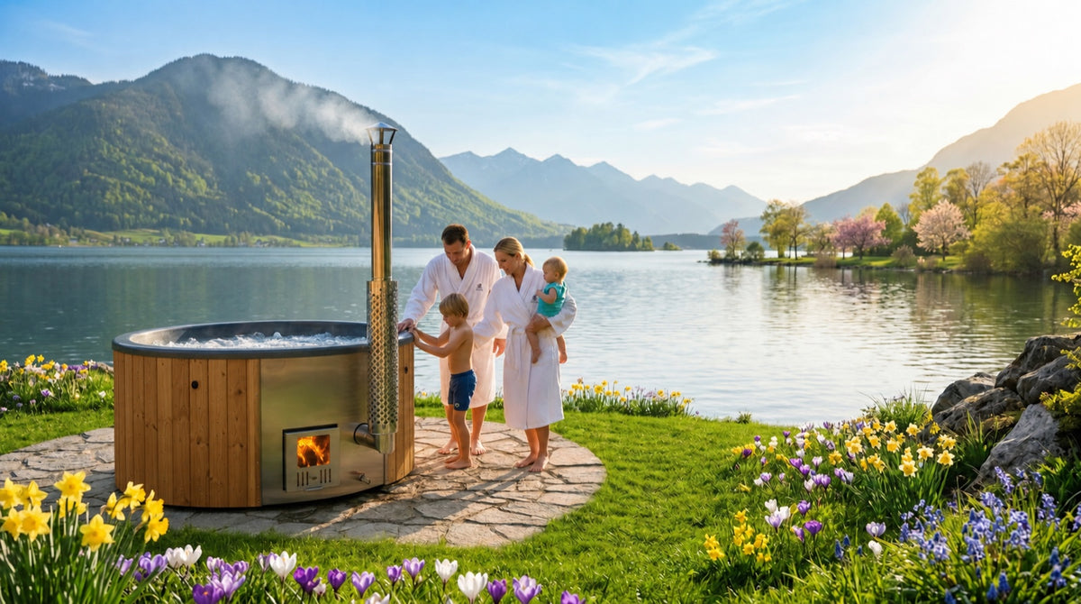 Eine Familie neben einem Hot Tub am See