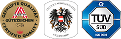 Gütezeichen Austria, österreichisches Staatswappen und TÜV SÜD